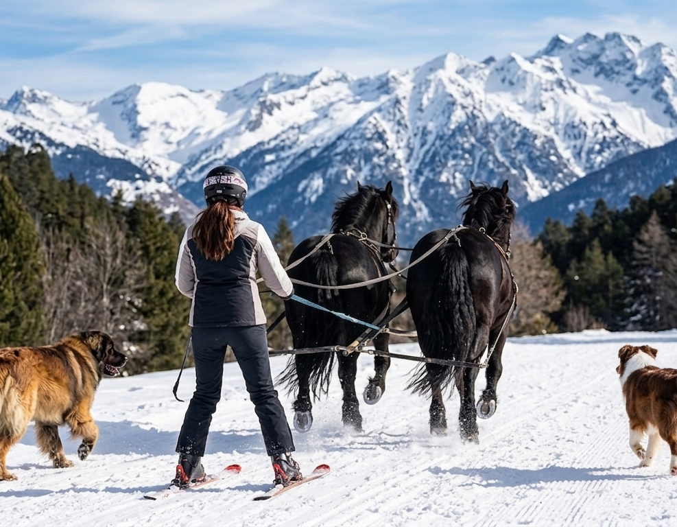Femme en skis avec deux chevaux et deux chiens, devant des montagnes enneigées. Animaux de Travail. Sportif